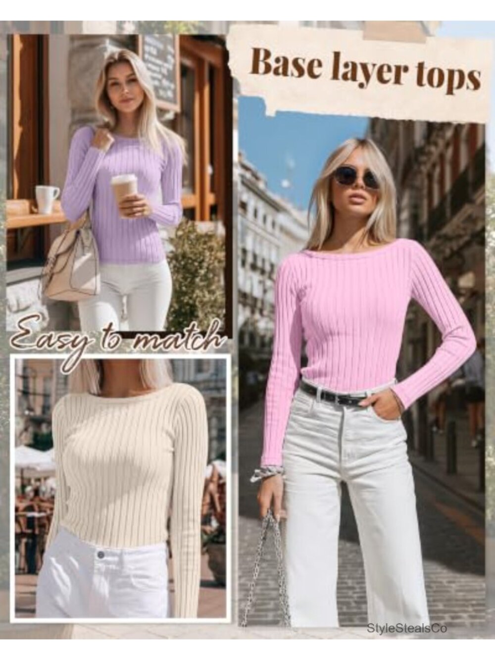 3 Pack Women's Long Sleeve Ribbed Knit Tops Boat Neck Slim Fit Stretchy - Picture 2 of 6